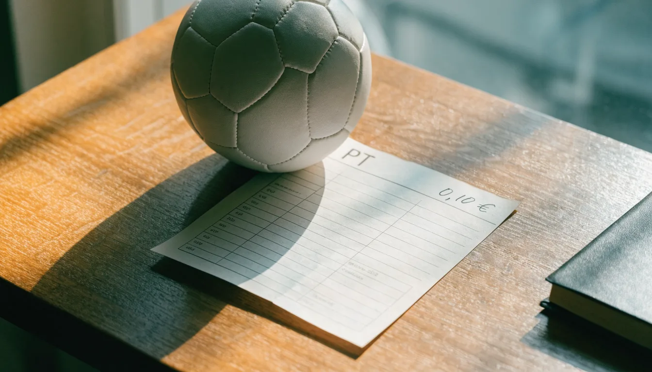 Uma bola de futebol pousada sobre um talão de apostas em branco numa mesa de madeira, à luz do dia
