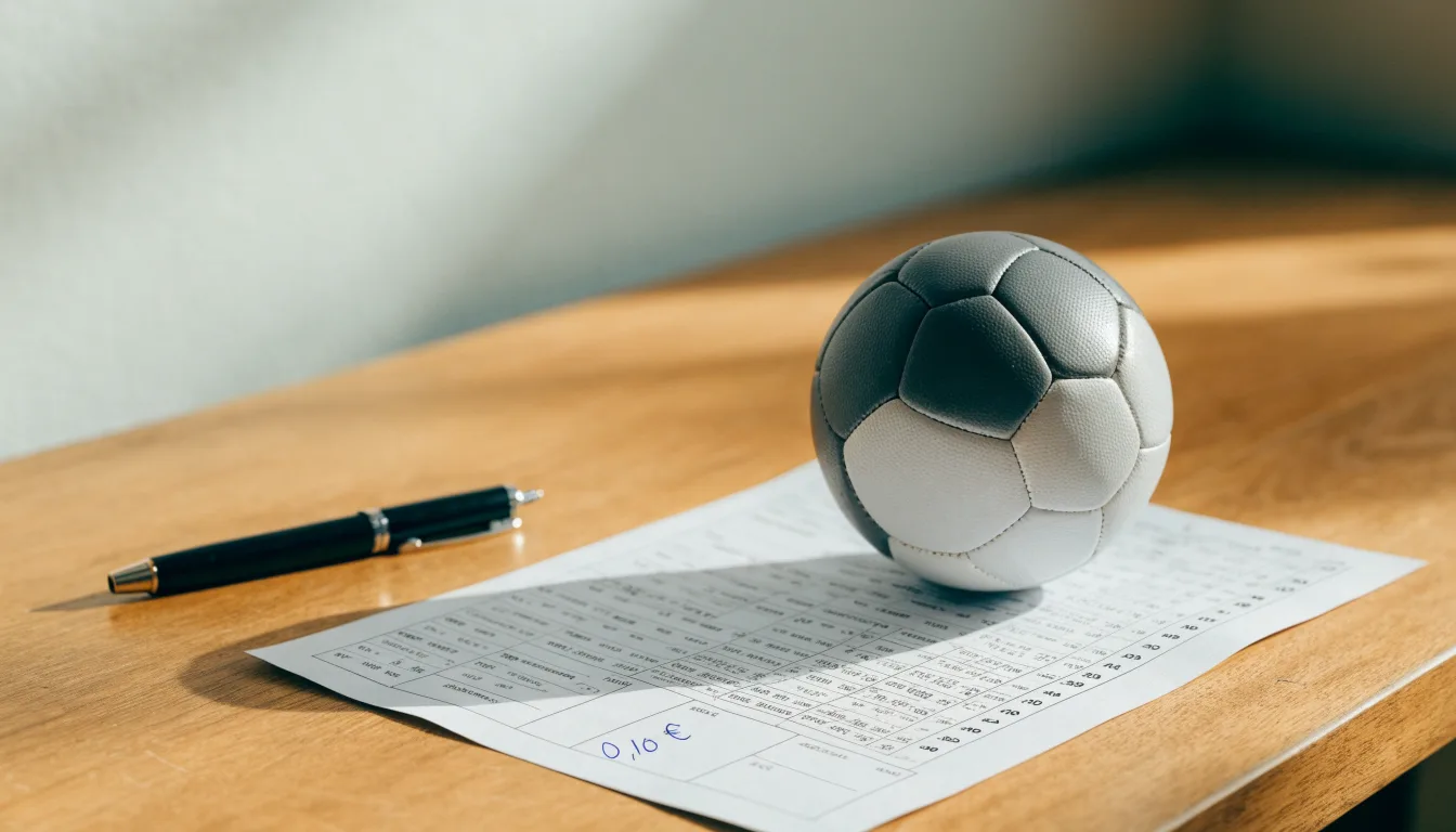 Uma bola de futebol pousada sobre um talão de apostas em branco numa mesa de madeira, à luz do dia