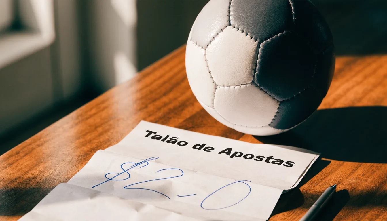 Uma bola de futebol pousada sobre um talão de apostas em branco numa mesa de madeira, à luz do dia