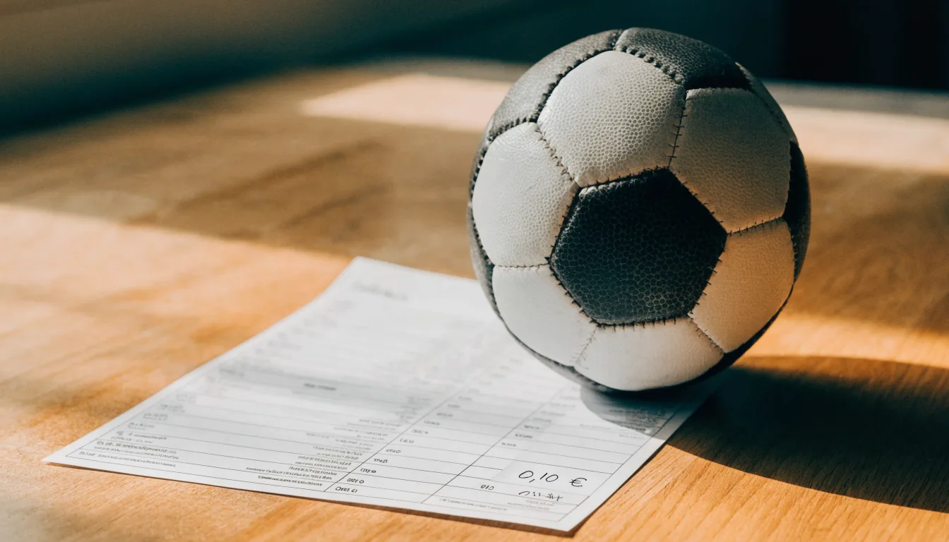 Uma bola de futebol pousada sobre um talão de apostas em branco numa mesa de madeira, à luz do dia
