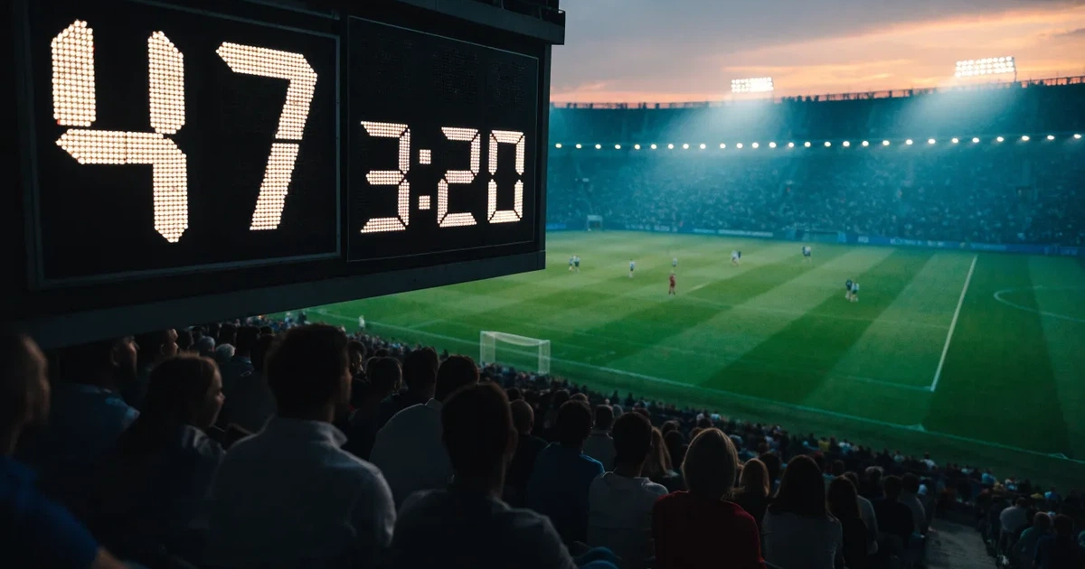 Um marcador eletrónico de um estádio com o resultado a meio da segunda parte, visto das bancadas