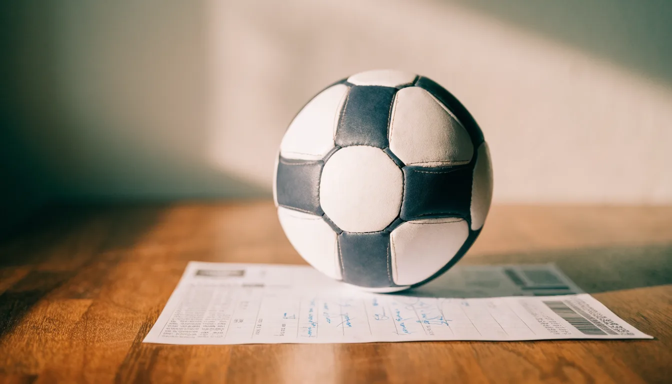 Uma bola de futebol pousada sobre um talão de apostas em branco numa mesa de madeira, à luz do dia