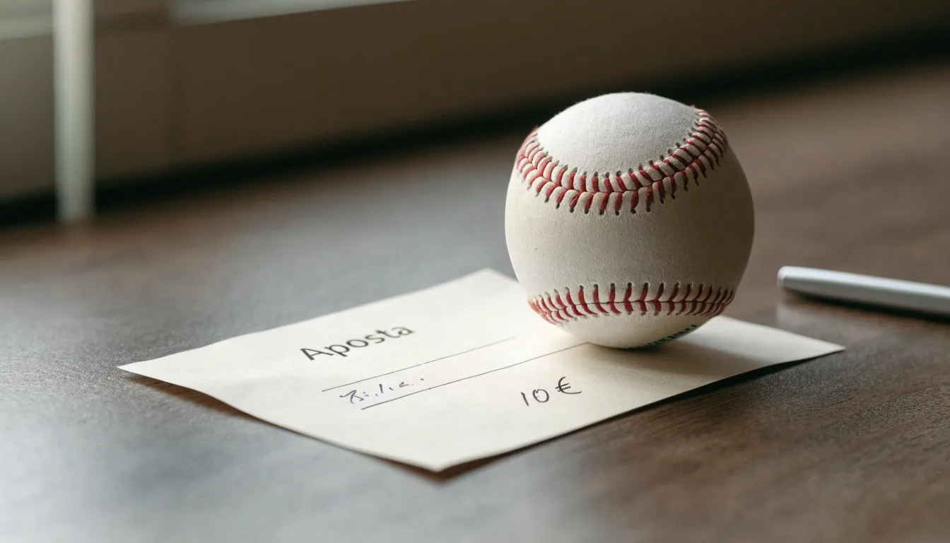 Uma bola de futebol pousada sobre um talão de apostas em branco numa mesa de madeira, à luz do dia