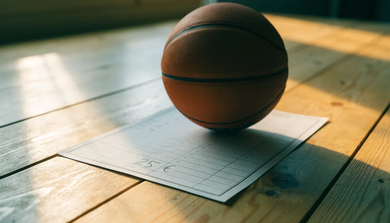 Uma bola de futebol pousada sobre um talão de apostas em branco numa mesa de madeira, à luz do dia