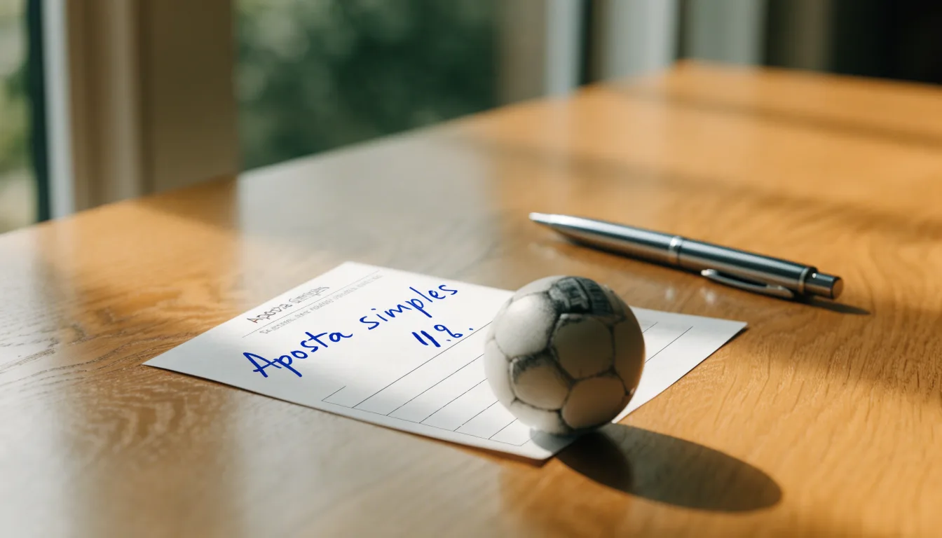Uma bola de futebol pousada sobre um talão de apostas em branco numa mesa de madeira, à luz do dia