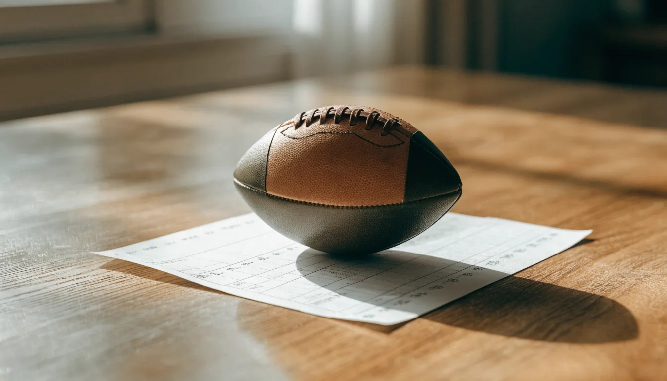 Uma bola de futebol pousada sobre um talão de apostas em branco numa mesa de madeira, à luz do dia
