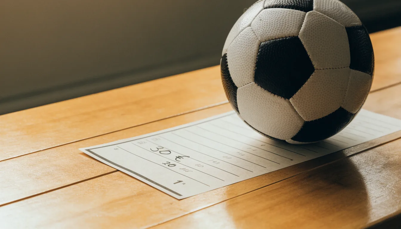 Uma bola de futebol pousada sobre um talão de apostas em branco numa mesa de madeira, à luz do dia