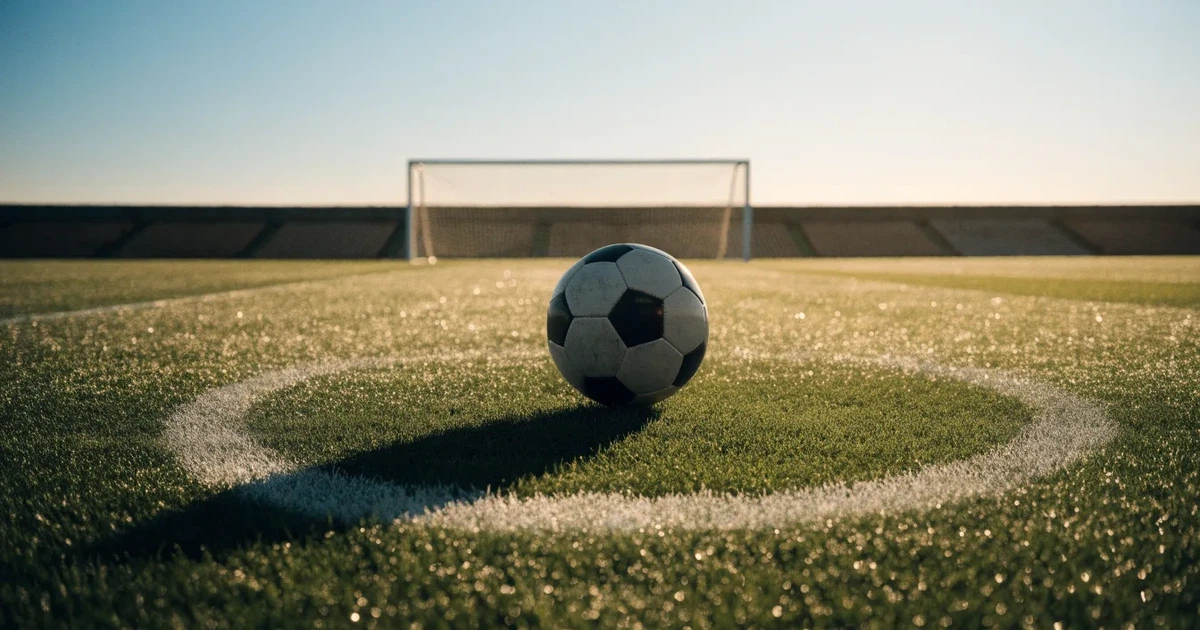 Uma bola de futebol no ponto central de um relvado, à luz da manhã