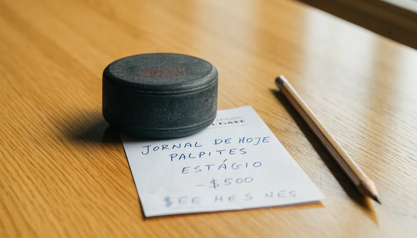 Uma bola de futebol pousada sobre um talão de apostas em branco numa mesa de madeira, à luz do dia