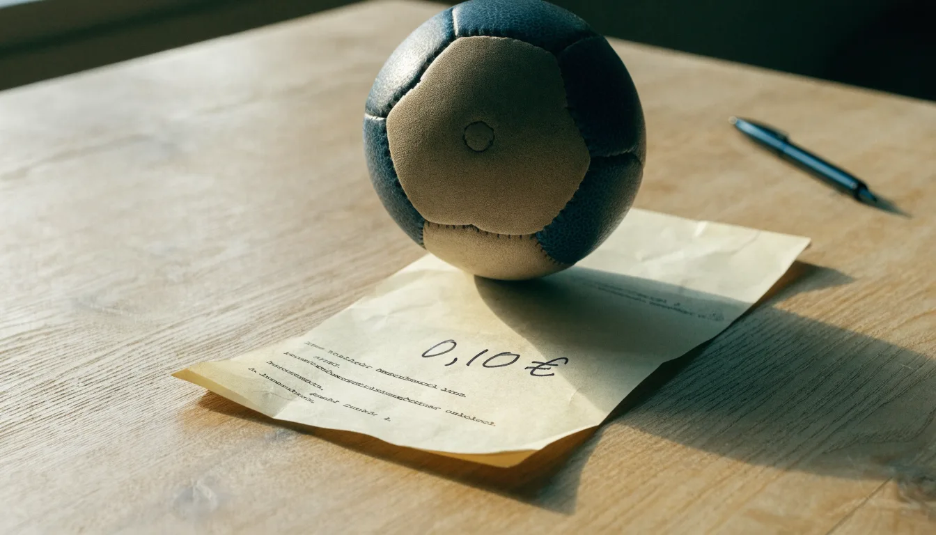 Uma bola de futebol pousada sobre um talão de apostas em branco numa mesa de madeira, à luz do dia