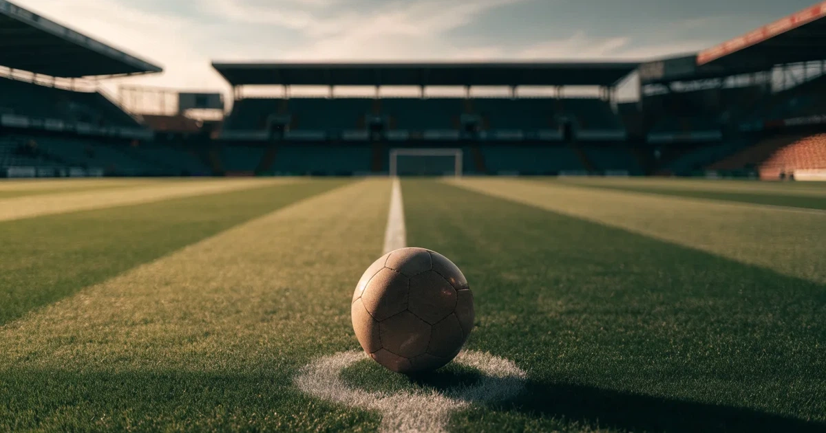 Uma bola de futebol no ponto central de um relvado, à luz da manhã