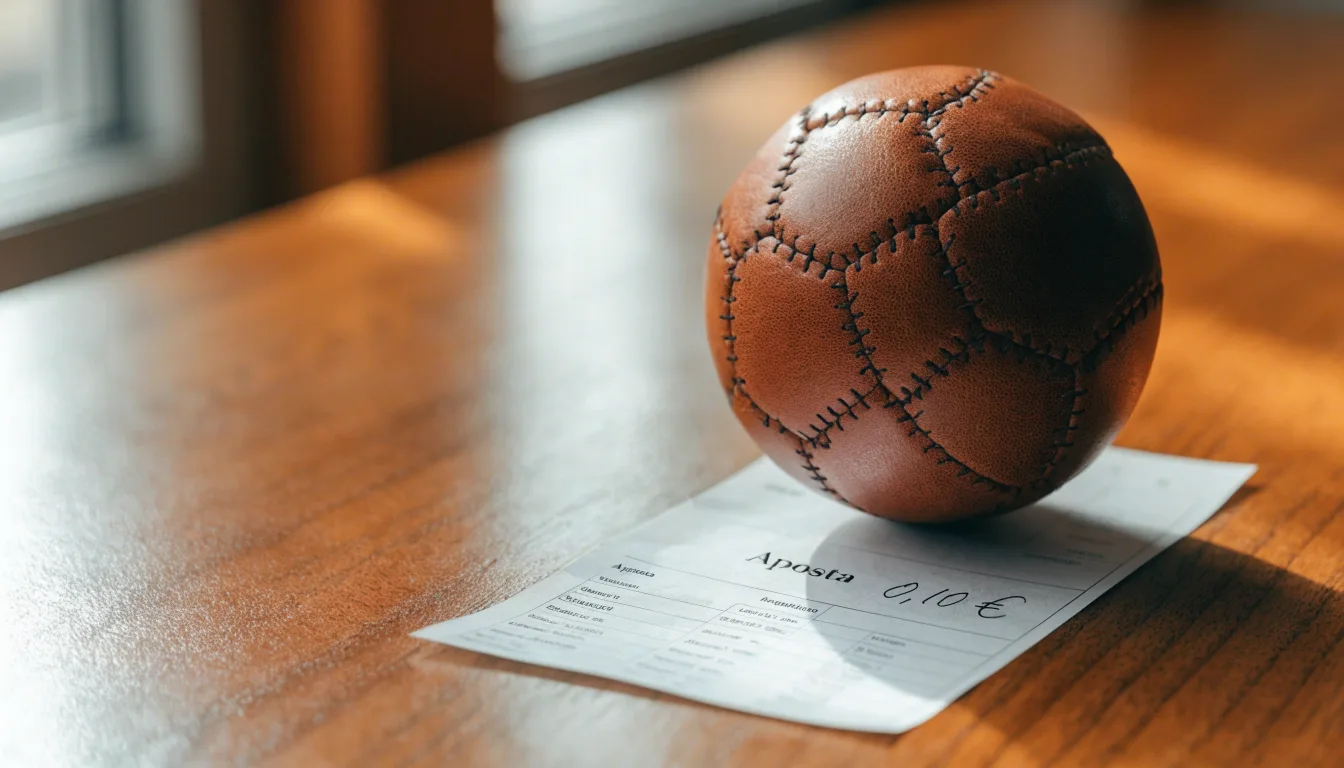 Uma bola de futebol pousada sobre um talão de apostas em branco numa mesa de madeira, à luz do dia