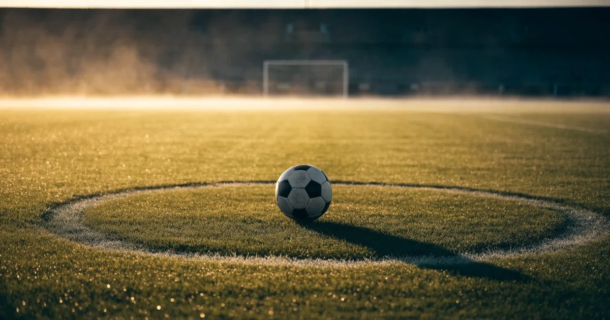 Uma bola de futebol no ponto central de um relvado, à luz da manhã