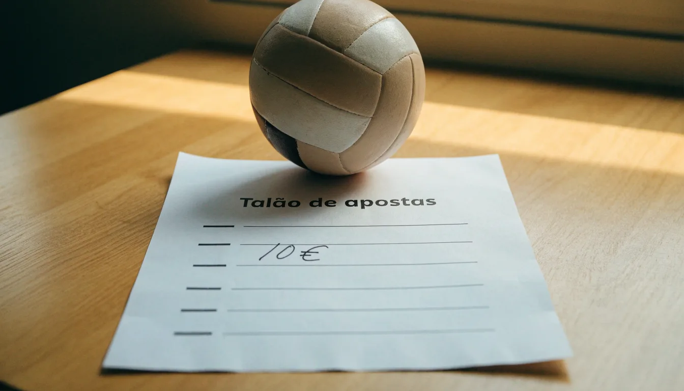 Uma bola de futebol pousada sobre um talão de apostas em branco numa mesa de madeira, à luz do dia