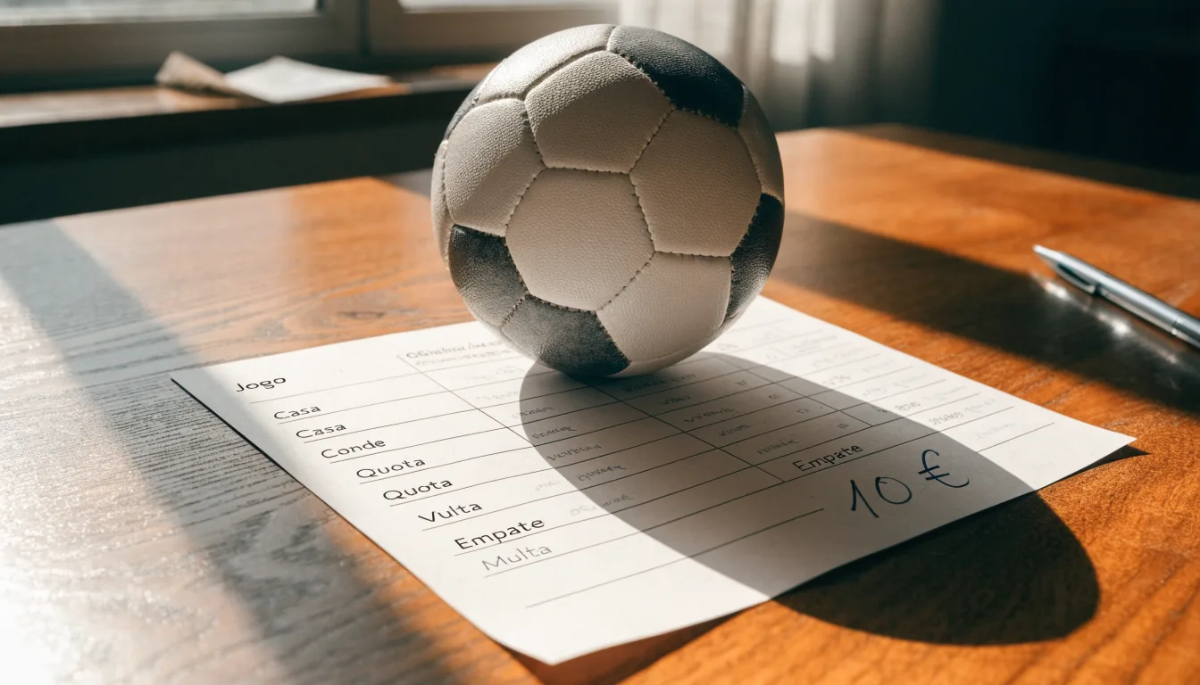 Uma bola de futebol pousada sobre um talão de apostas em branco numa mesa de madeira, à luz do dia