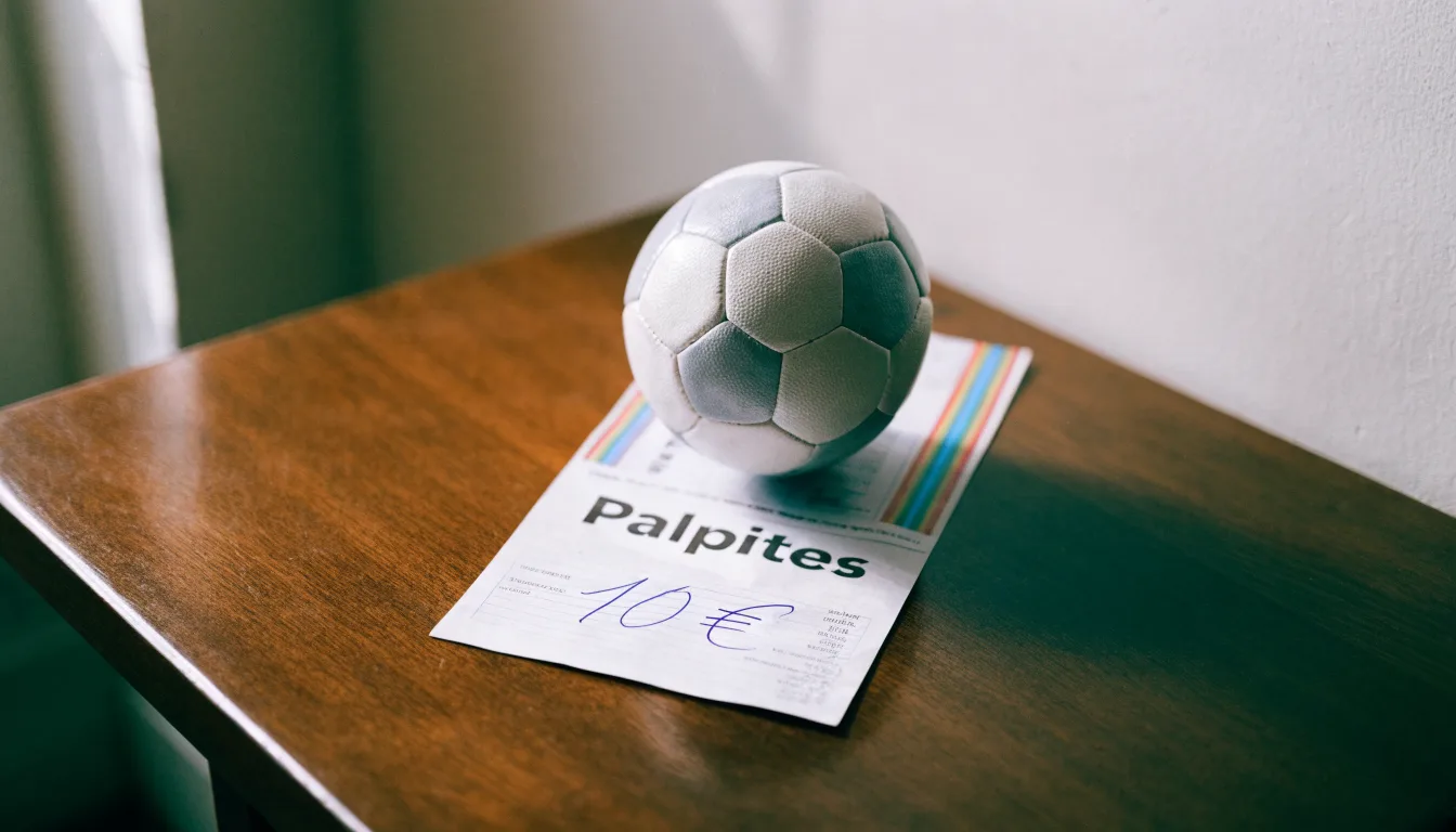 Uma bola de futebol pousada sobre um talão de apostas em branco numa mesa de madeira, à luz do dia