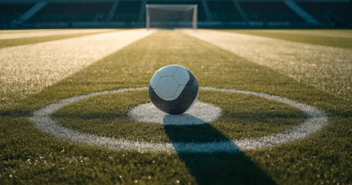 Uma bola de futebol no ponto central de um relvado, à luz da manhã