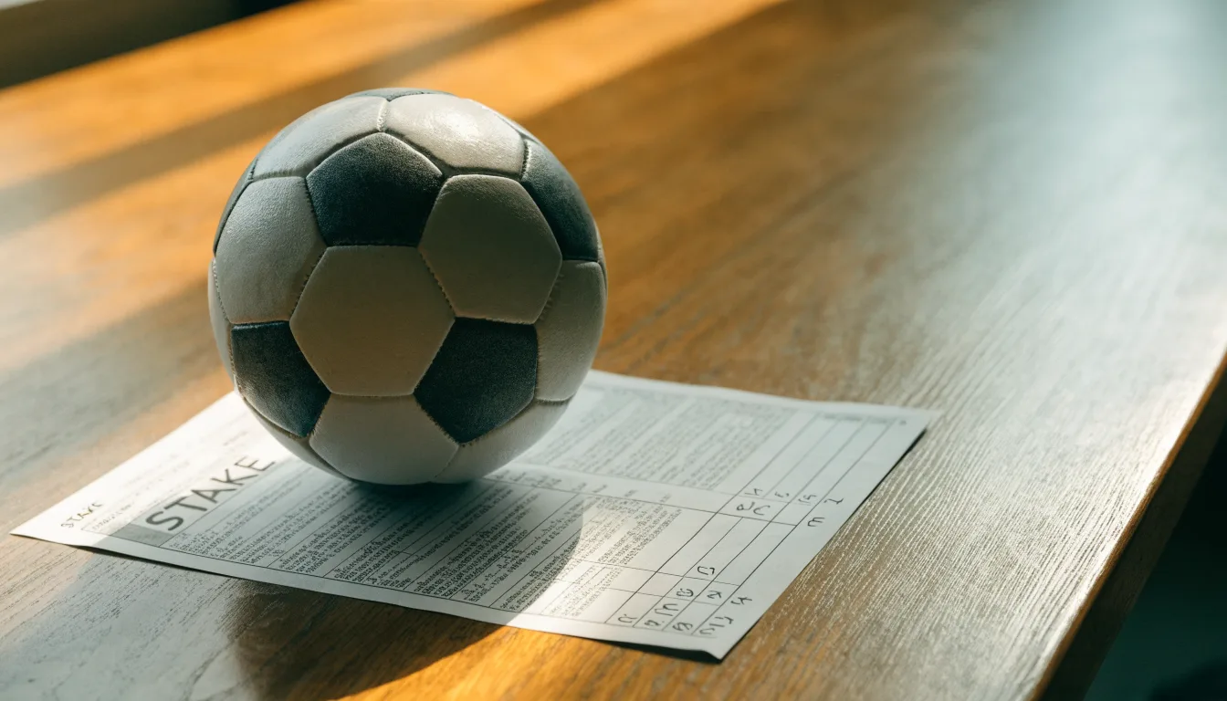 Uma bola de futebol pousada sobre um talão de apostas em branco numa mesa de madeira, à luz do dia