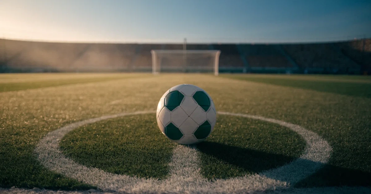 Uma bola de futebol no ponto central de um relvado, à luz da manhã
