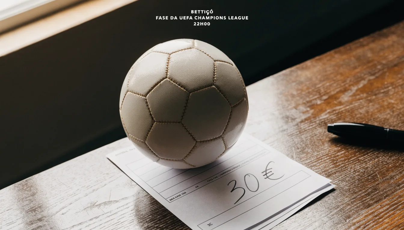 Uma bola de futebol pousada sobre um talão de apostas em branco numa mesa de madeira, à luz do dia