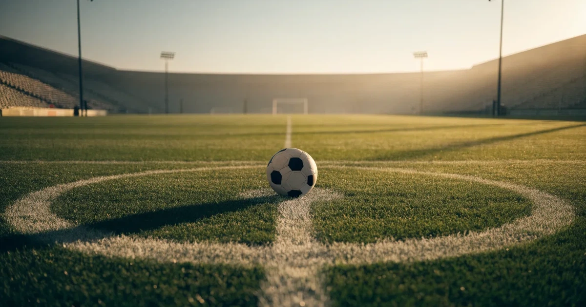Uma bola de futebol no ponto central de um relvado, à luz da manhã