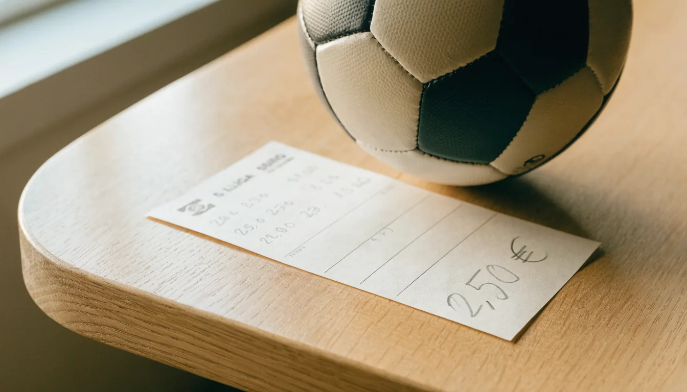 Uma bola de futebol pousada sobre um talão de apostas em branco numa mesa de madeira, à luz do dia