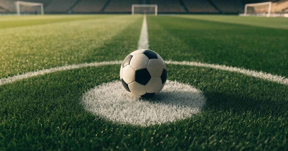 Uma bola de futebol no ponto central de um relvado, à luz da manhã