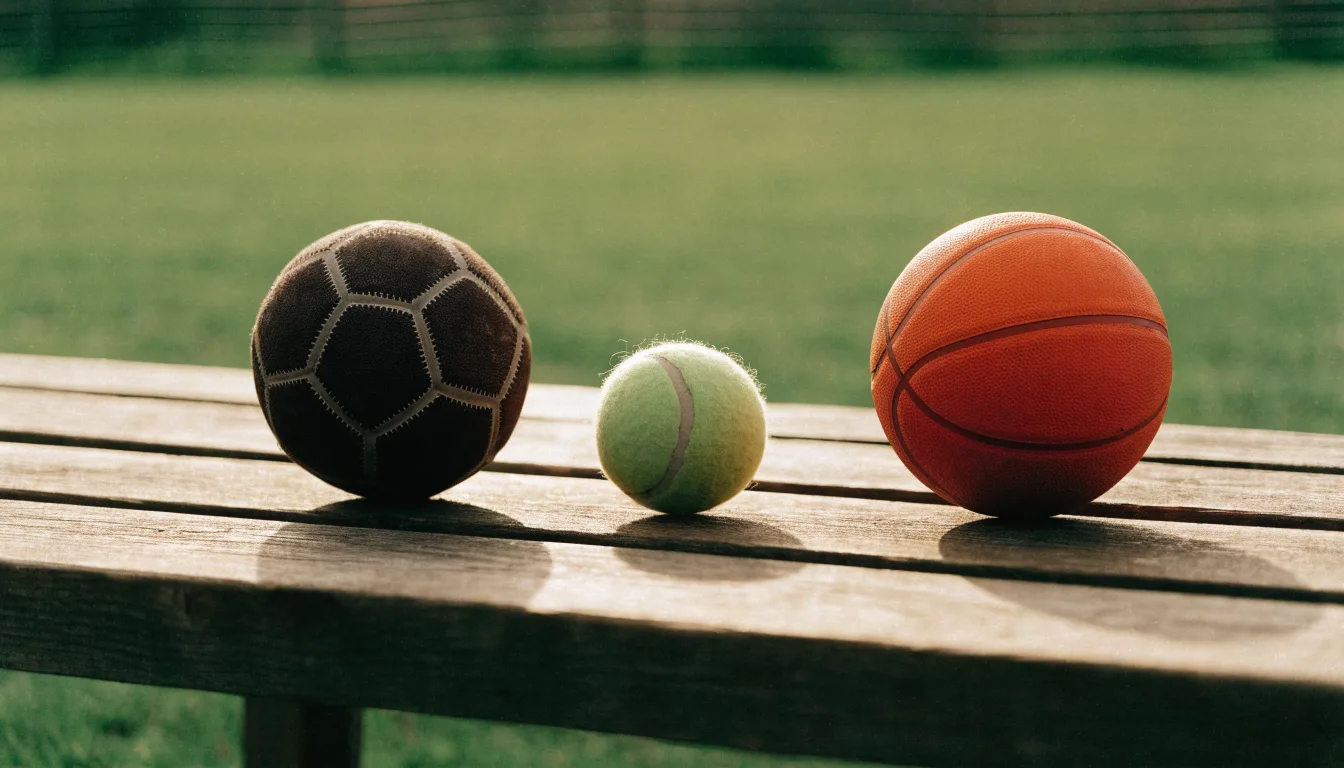 Três bolas de desportos diferentes alinhadas lado a lado num banco de madeira