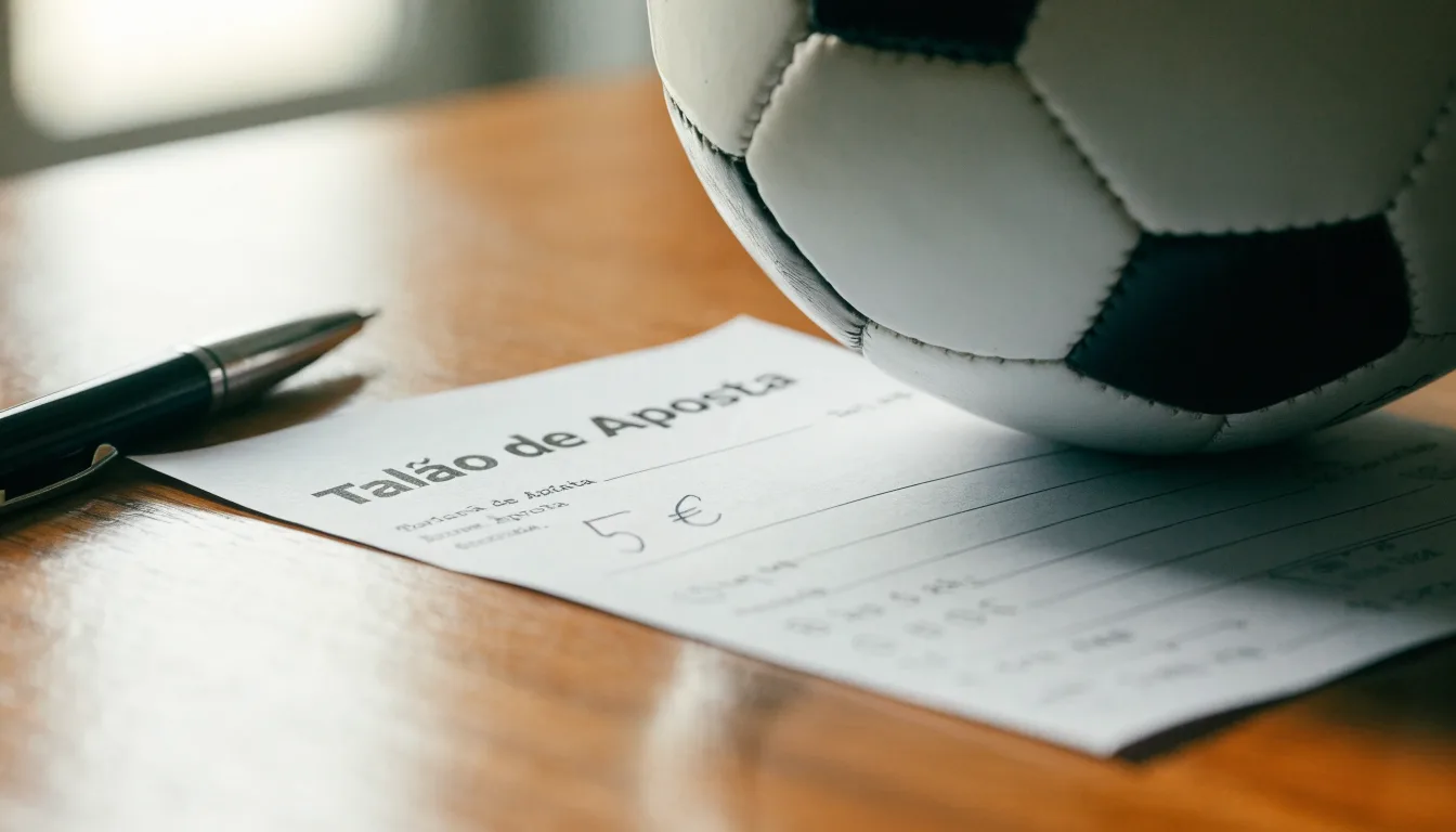Uma bola de futebol pousada sobre um talão de apostas em branco numa mesa de madeira, à luz do dia