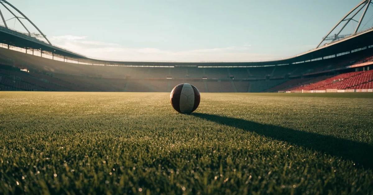 Uma bola de futebol no ponto central de um relvado, à luz da manhã