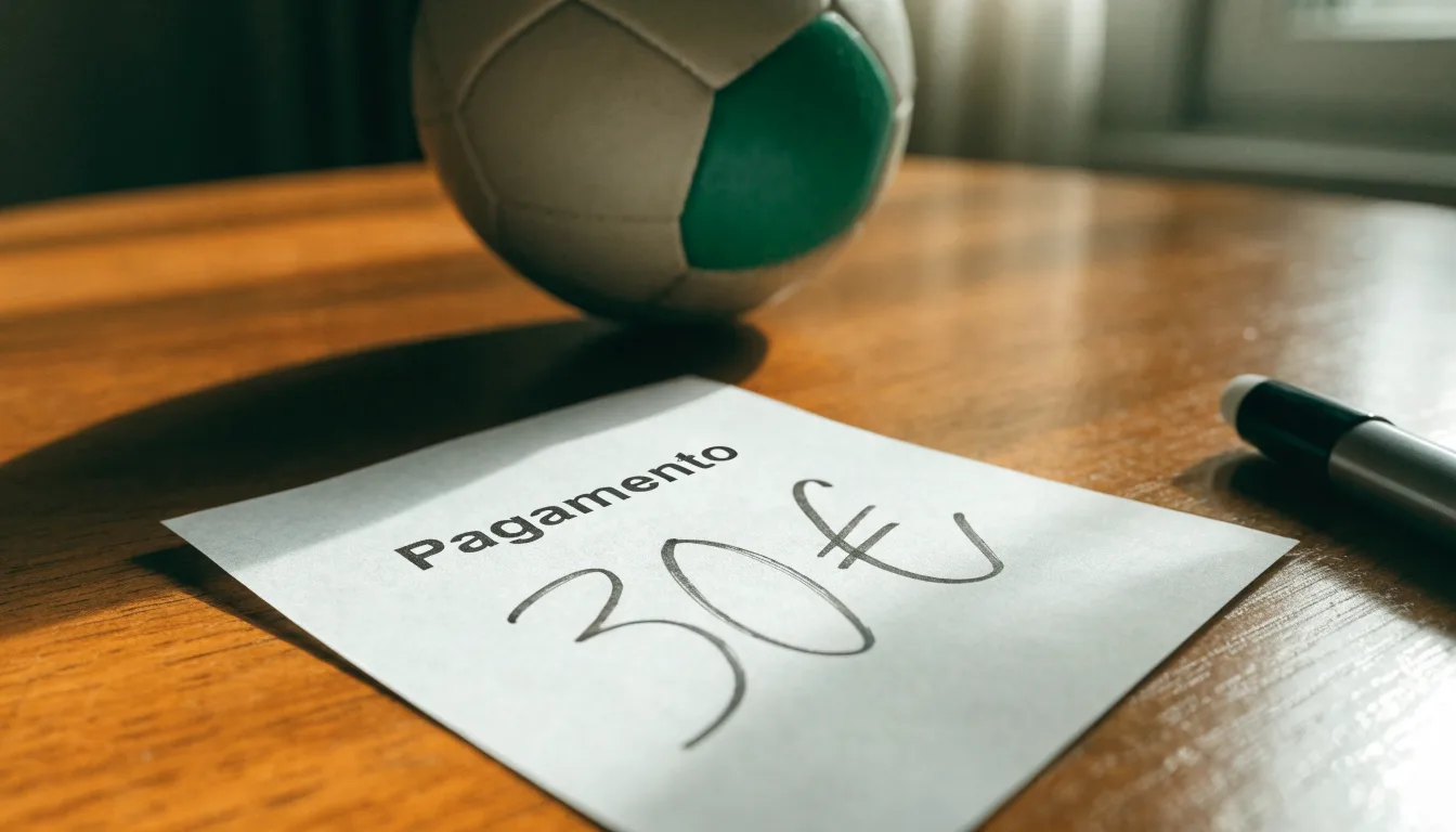 Uma bola de futebol pousada sobre um talão de apostas em branco numa mesa de madeira, à luz do dia