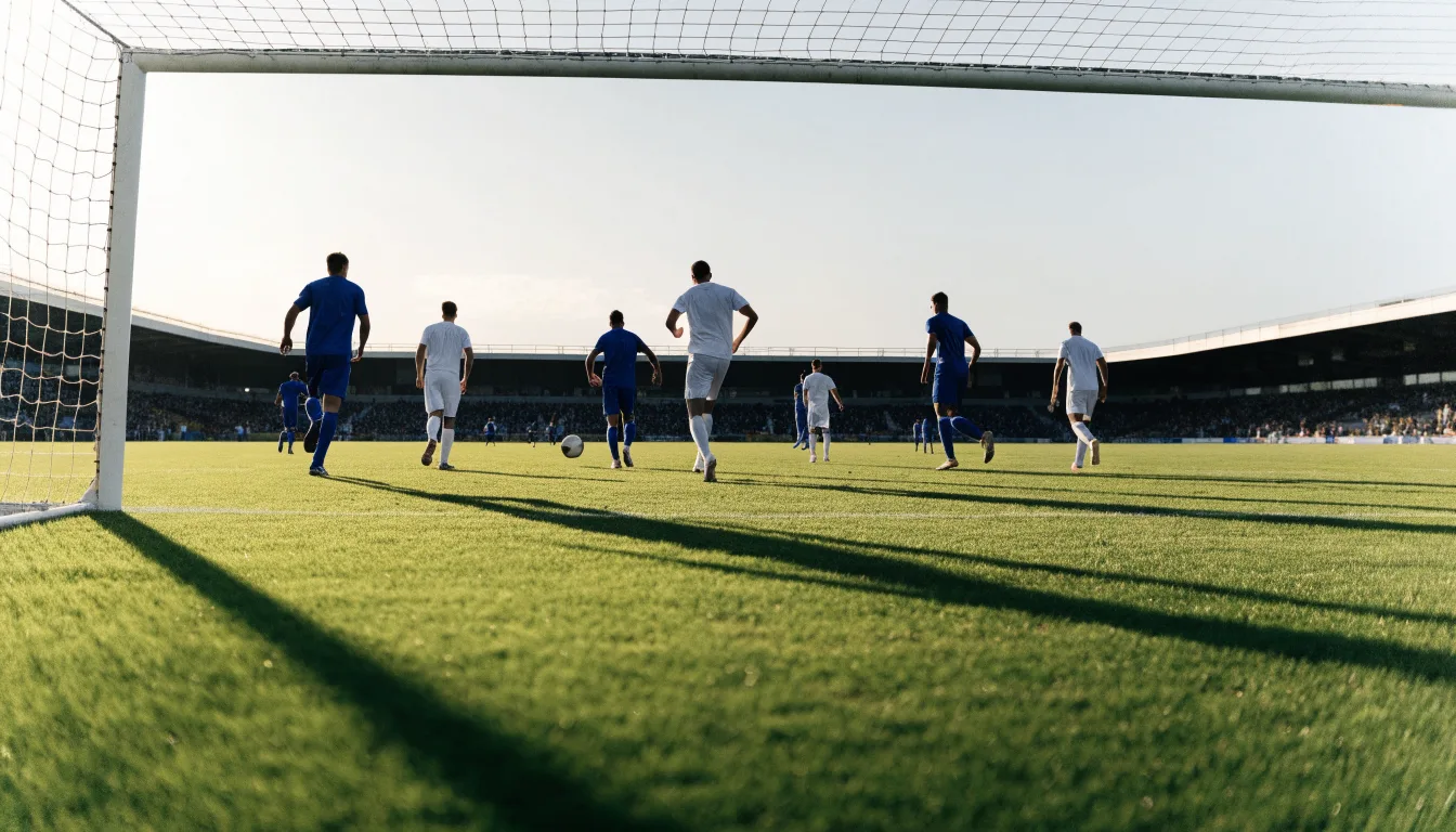 Uma bola de futebol no ponto central de um relvado, à luz da manhã