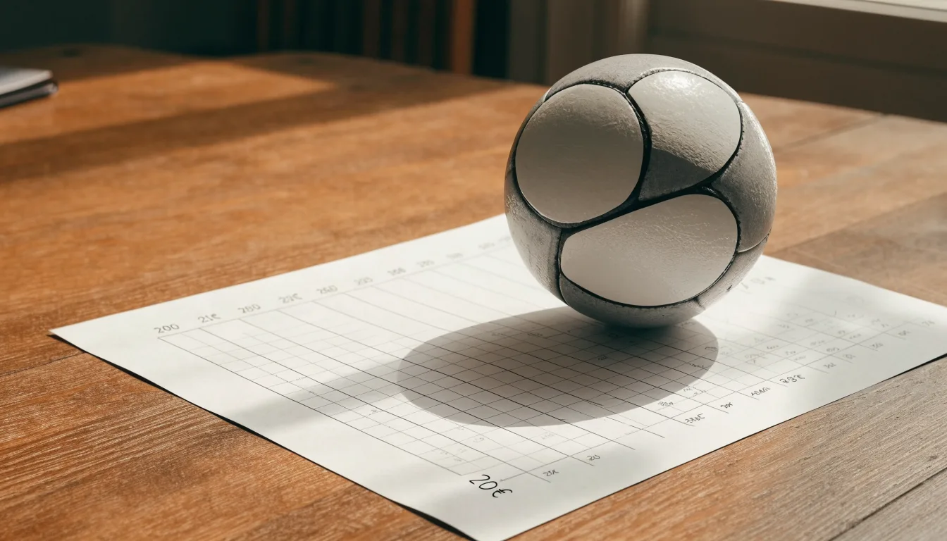 Uma bola de futebol pousada sobre um talão de apostas em branco numa mesa de madeira, à luz do dia