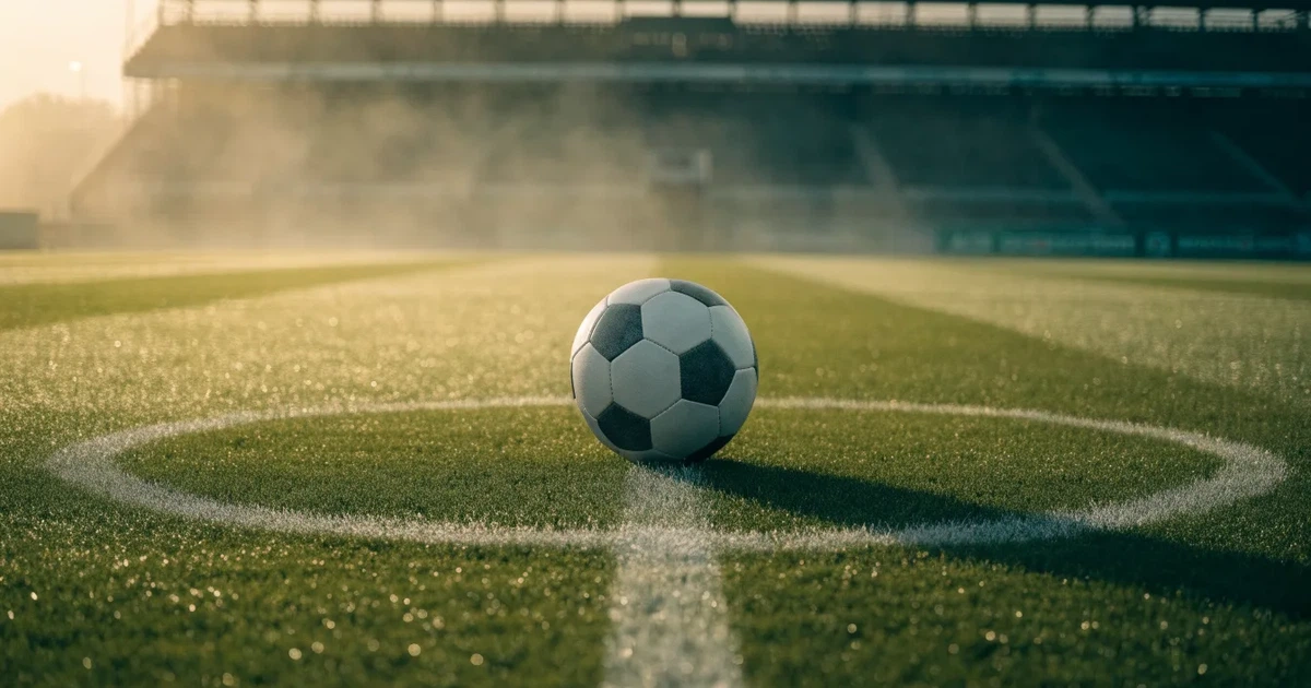 Uma bola de futebol no ponto central de um relvado, à luz da manhã