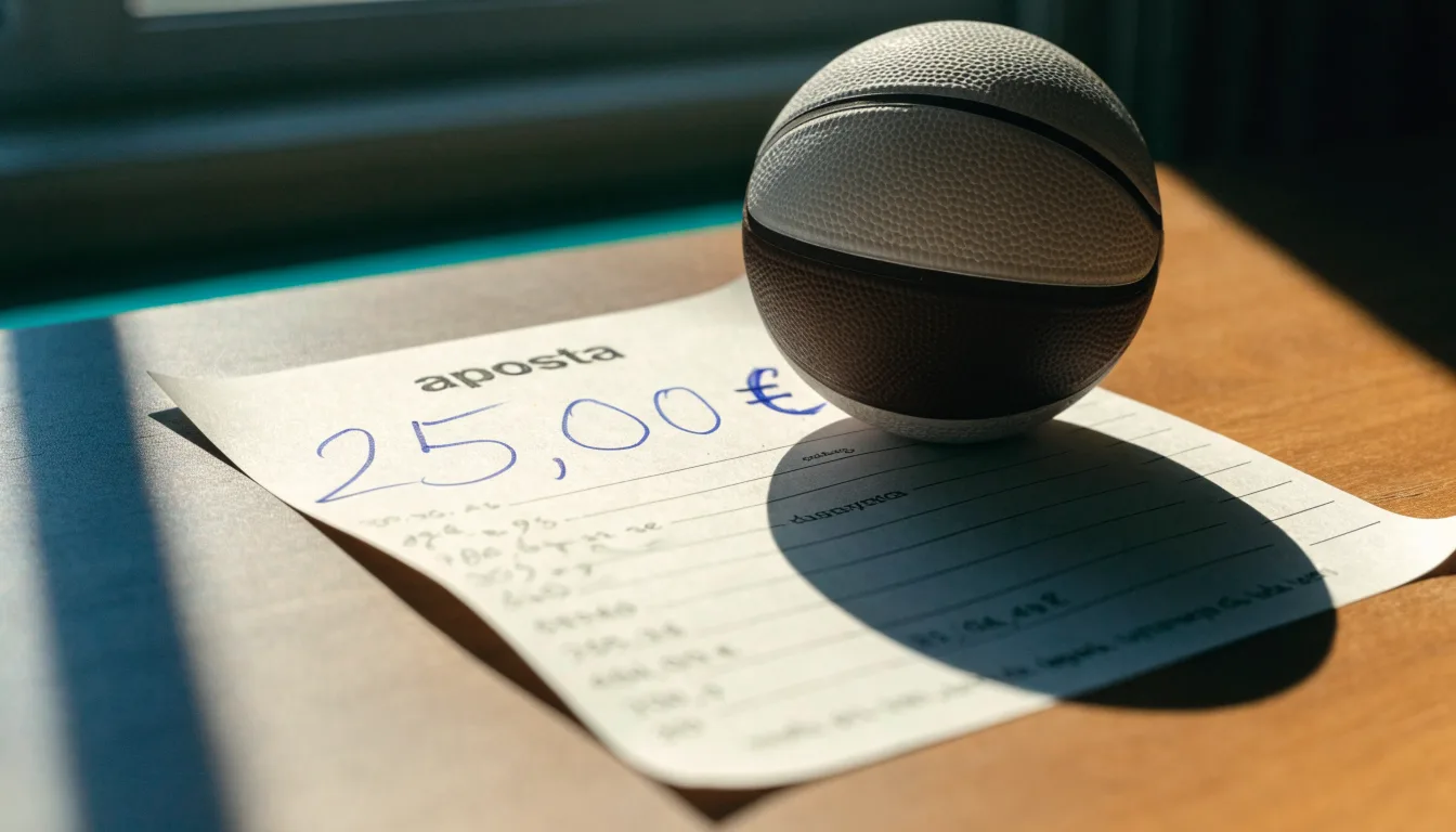 Uma bola de futebol pousada sobre um talão de apostas em branco numa mesa de madeira, à luz do dia