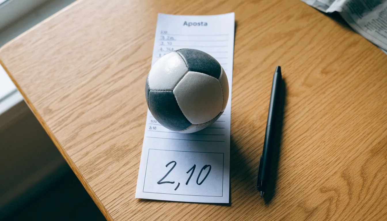 Uma bola de futebol pousada sobre um talão de apostas em branco numa mesa de madeira, à luz do dia