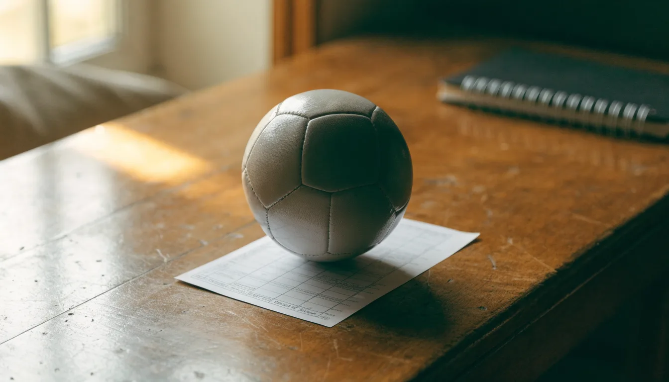 Uma bola de futebol pousada sobre um talão de apostas em branco numa mesa de madeira, à luz do dia