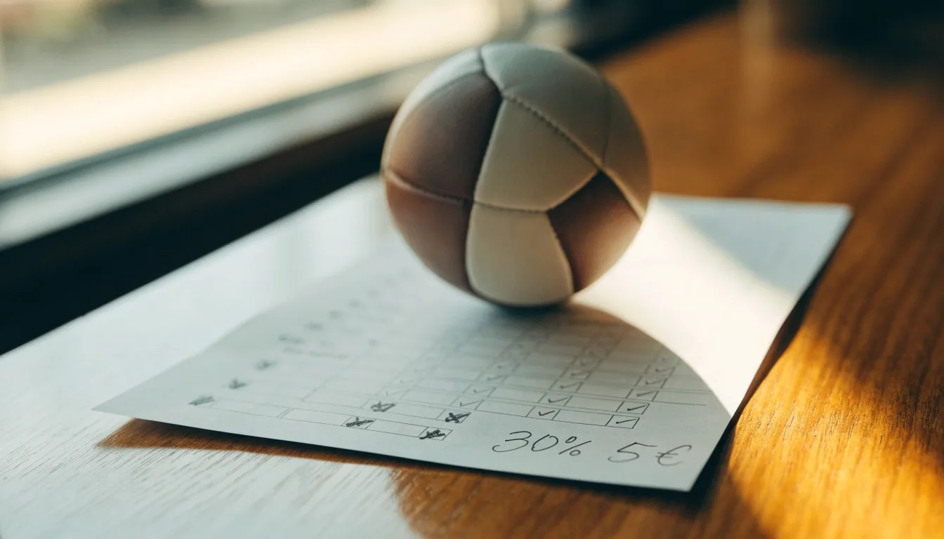 Uma bola de futebol pousada sobre um talão de apostas em branco numa mesa de madeira, à luz do dia