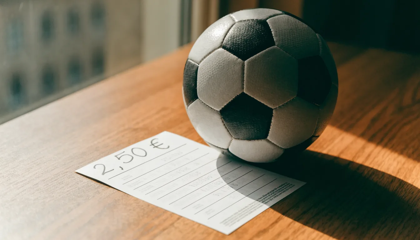 Uma bola de futebol pousada sobre um talão de apostas em branco numa mesa de madeira, à luz do dia
