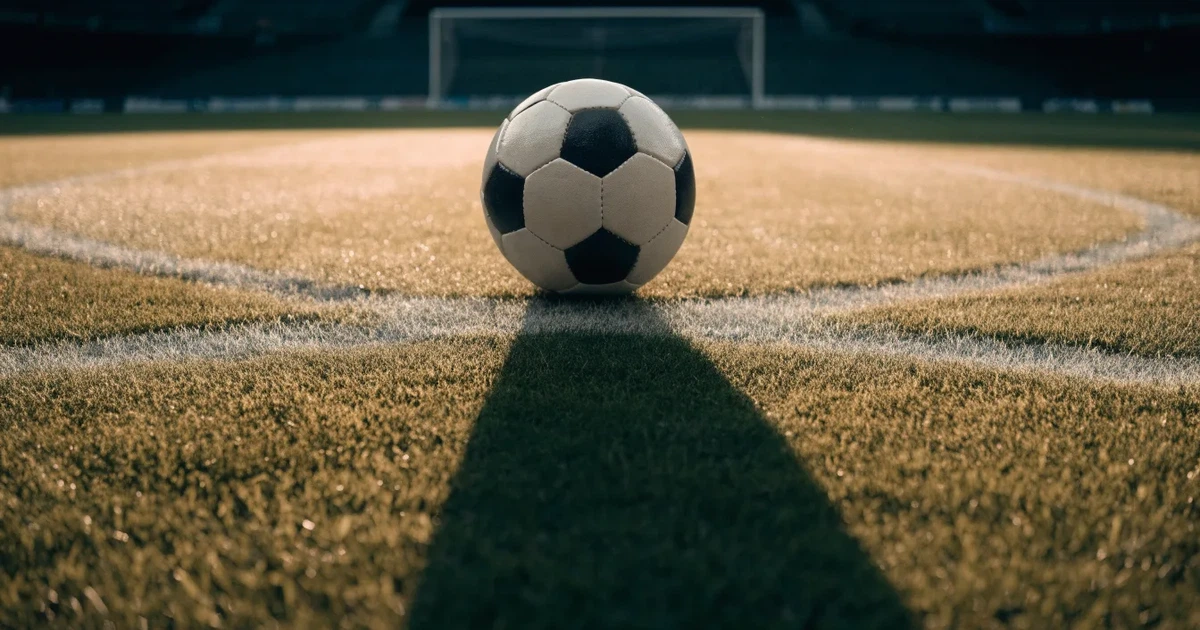 Uma bola de futebol no ponto central de um relvado, à luz da manhã