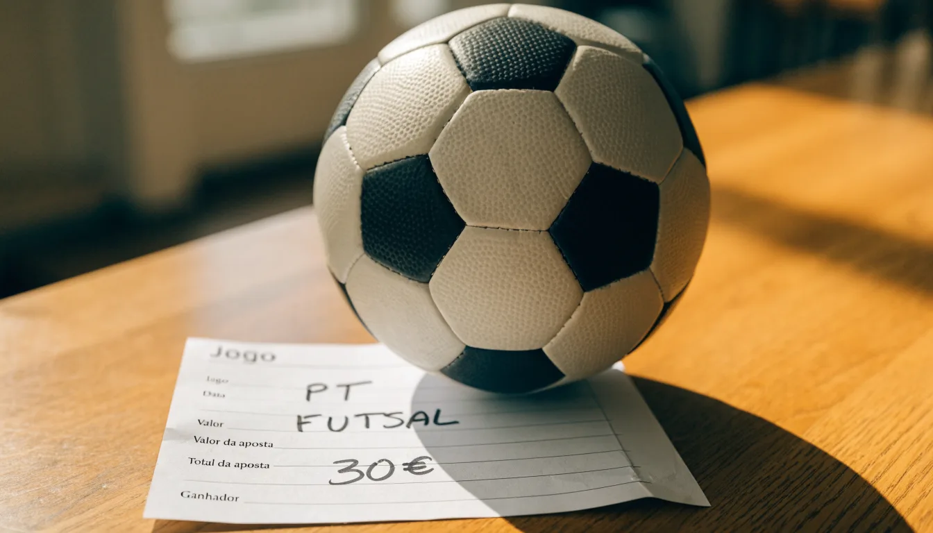 Uma bola de futebol pousada sobre um talão de apostas em branco numa mesa de madeira, à luz do dia