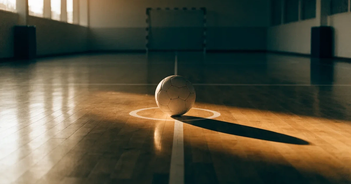 Uma bola de futebol no ponto central de um relvado, à luz da manhã