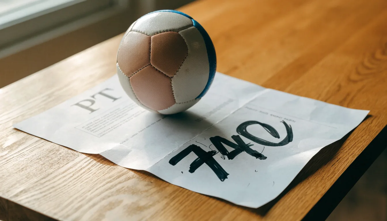 Uma bola de futebol pousada sobre um talão de apostas em branco numa mesa de madeira, à luz do dia