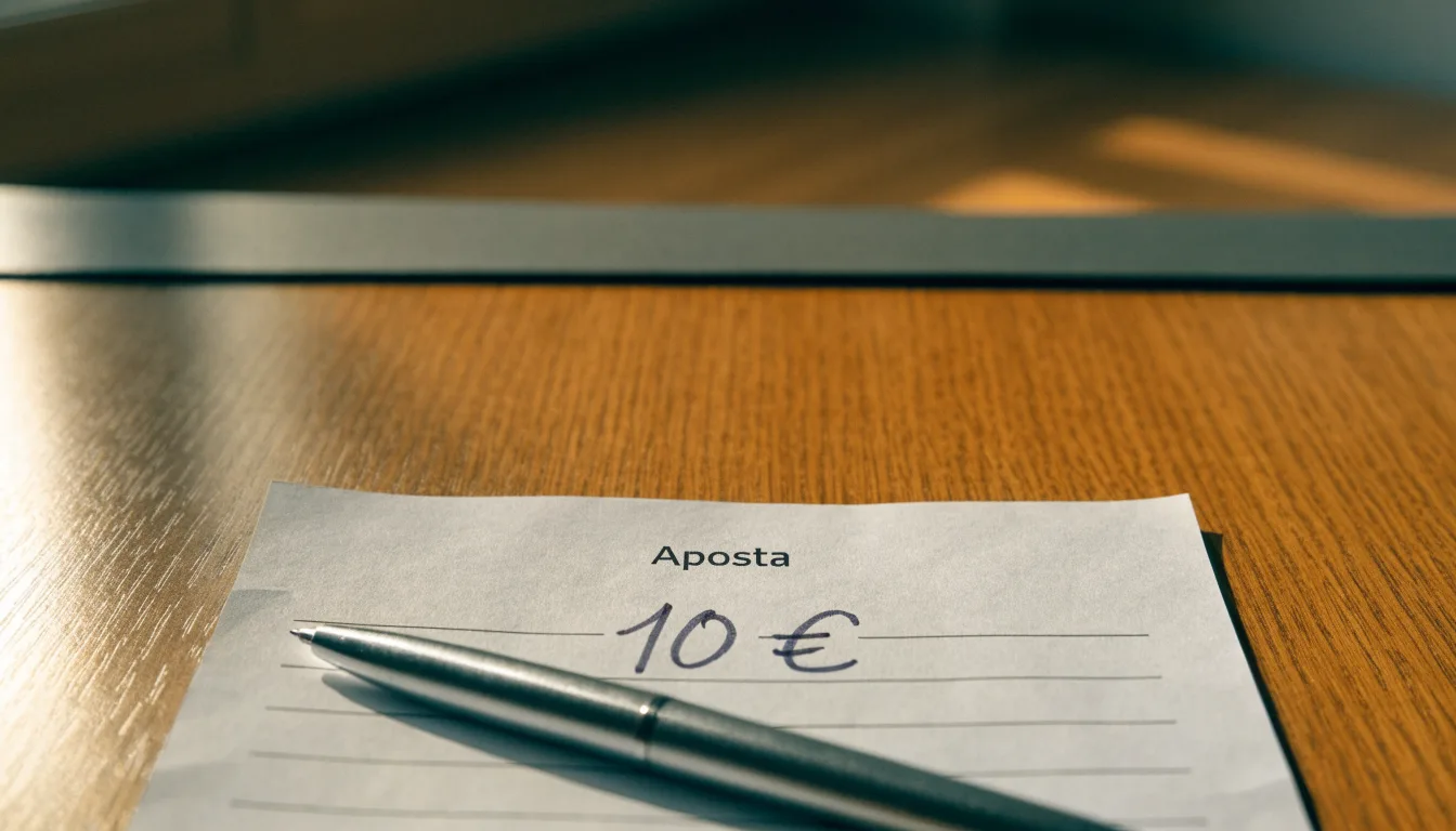 Uma bola de futebol pousada sobre um talão de apostas em branco numa mesa de madeira, à luz do dia