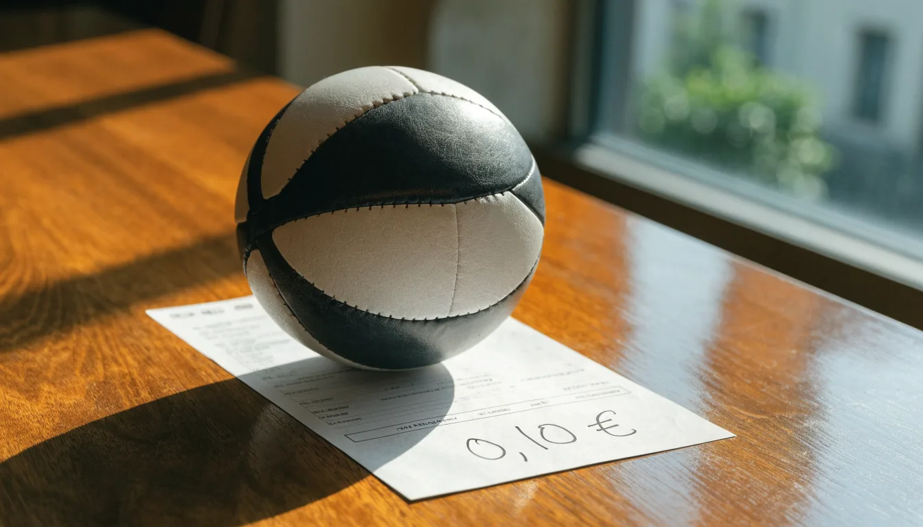 Uma bola de futebol pousada sobre um talão de apostas em branco numa mesa de madeira, à luz do dia