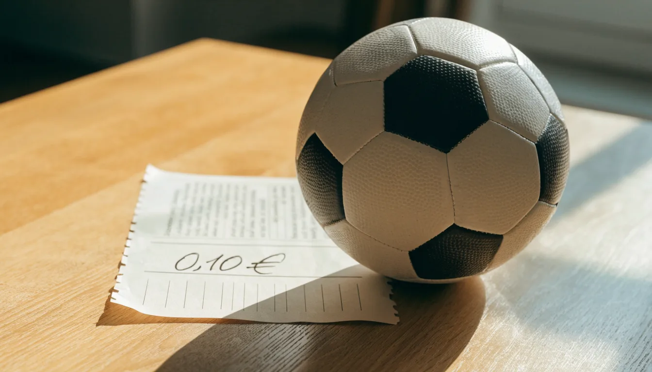 Uma bola de futebol pousada sobre um talão de apostas em branco numa mesa de madeira, à luz do dia