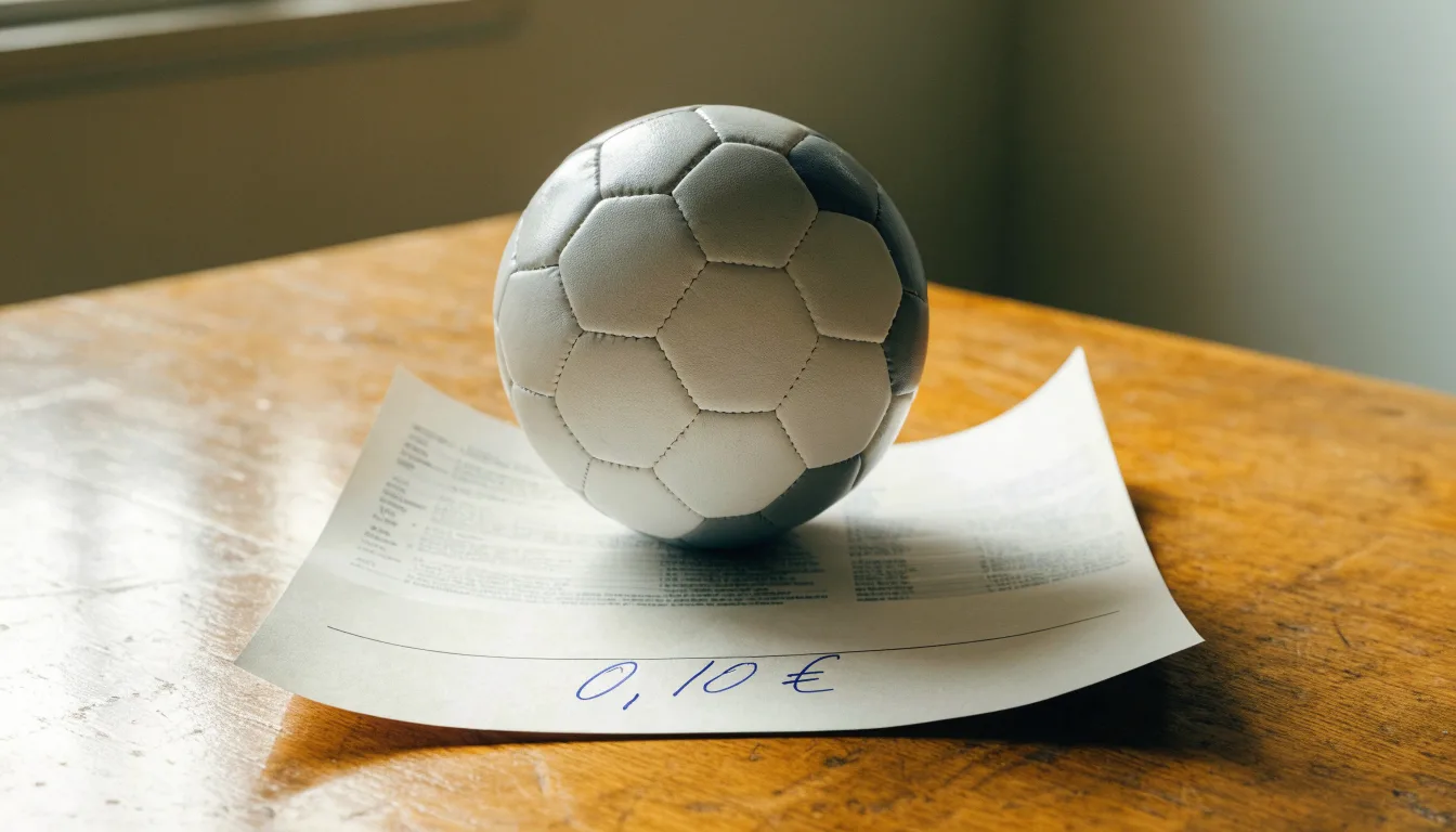 Uma bola de futebol pousada sobre um talão de apostas em branco numa mesa de madeira, à luz do dia