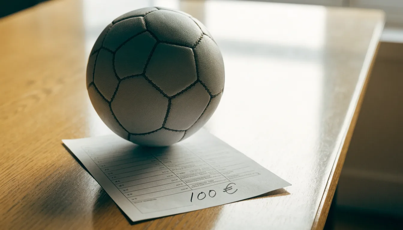 Uma bola de futebol pousada sobre um talão de apostas em branco numa mesa de madeira, à luz do dia