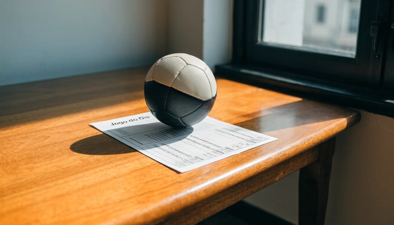 Uma bola de futebol pousada sobre um talão de apostas em branco numa mesa de madeira, à luz do dia