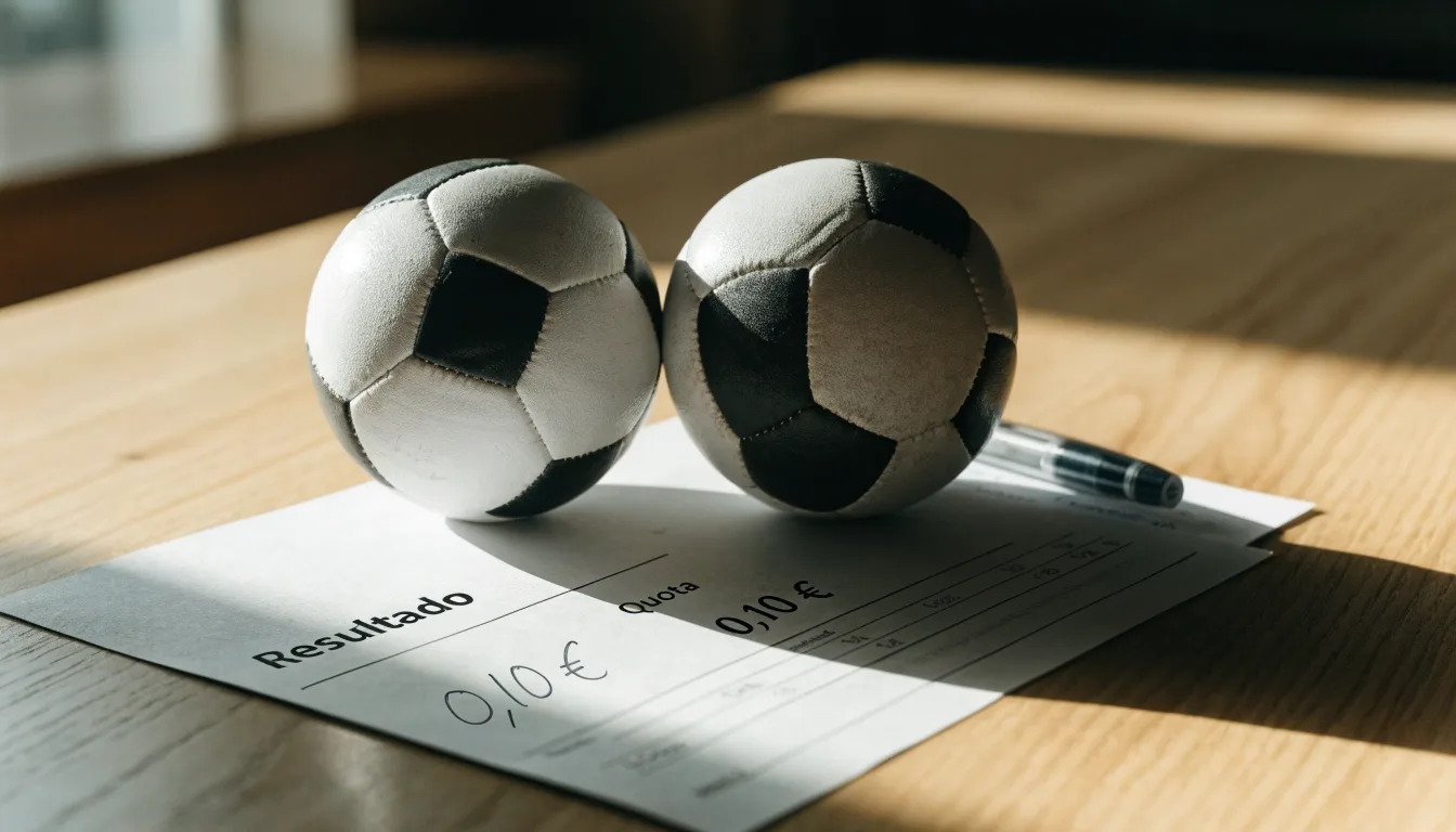 Uma bola de futebol pousada sobre um talão de apostas em branco numa mesa de madeira, à luz do dia